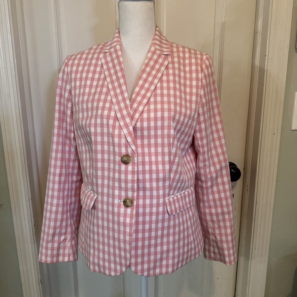 TALBOTS Pink & White Check Cotton Blend 2 Button Lined Blazer plus Size 10P